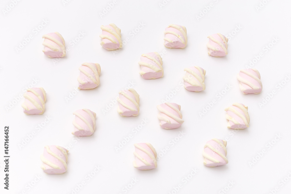 Pattern sweet marshmallow, candy on white background, top view flat lay. Isolated minimal concept above decoration, view white marshmallow, food background