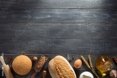 bread and bakery products on wood photo
