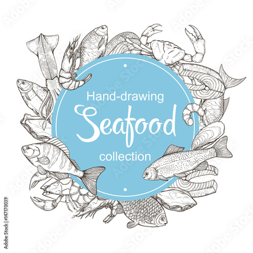 Vector background with line sketches of fish and seafood