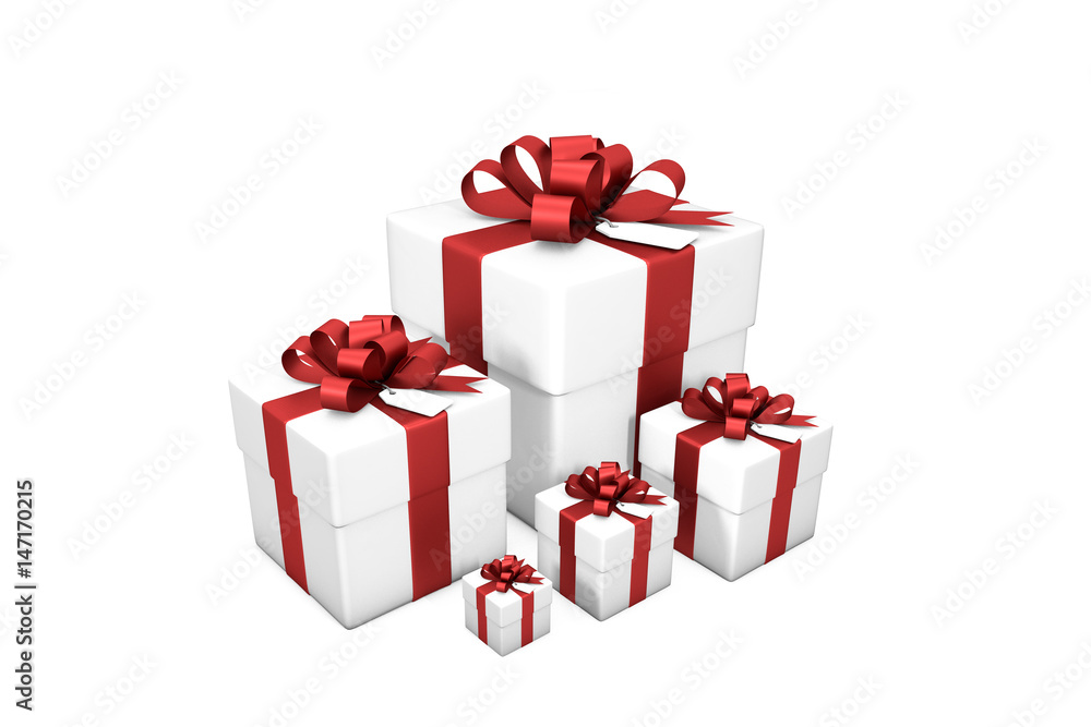 3d illustration: Five white gift boxes from small to large in order of size with red silk ribbon / bow and tag on a white background isolated. 3d illustration: Five white gift boxes from small to large in order of size with red silk ribbon / bow and tag on a white background isolated.