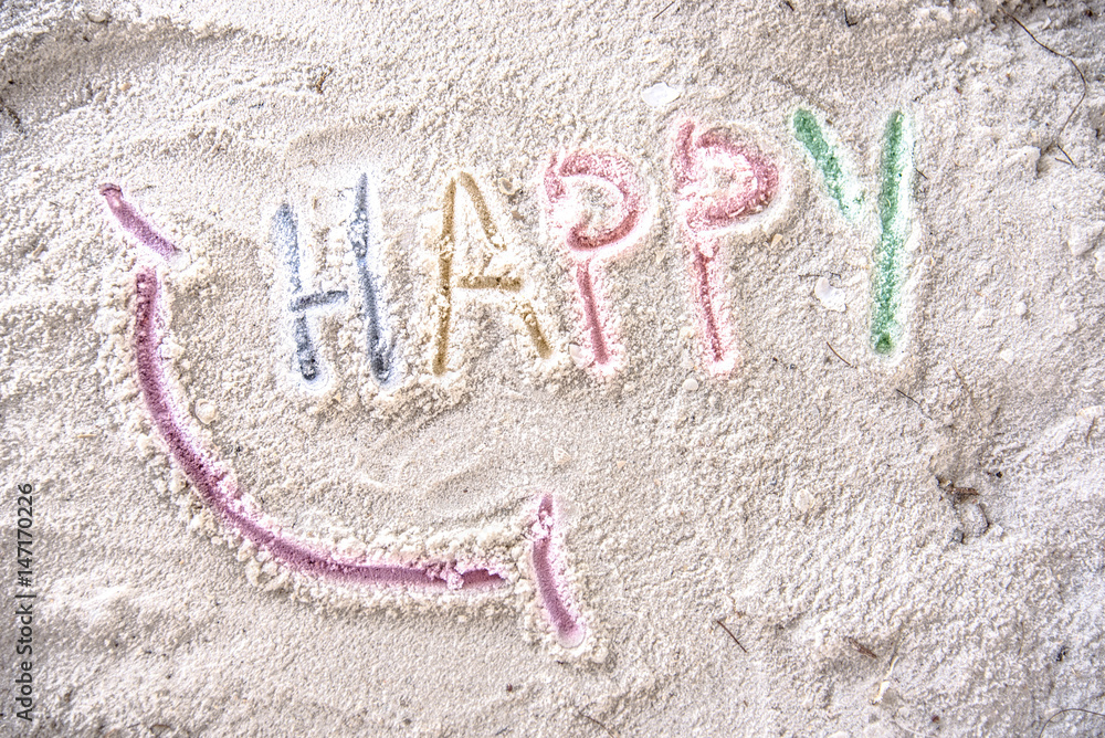 Fototapeta premium Word Happy smile written on sand beach