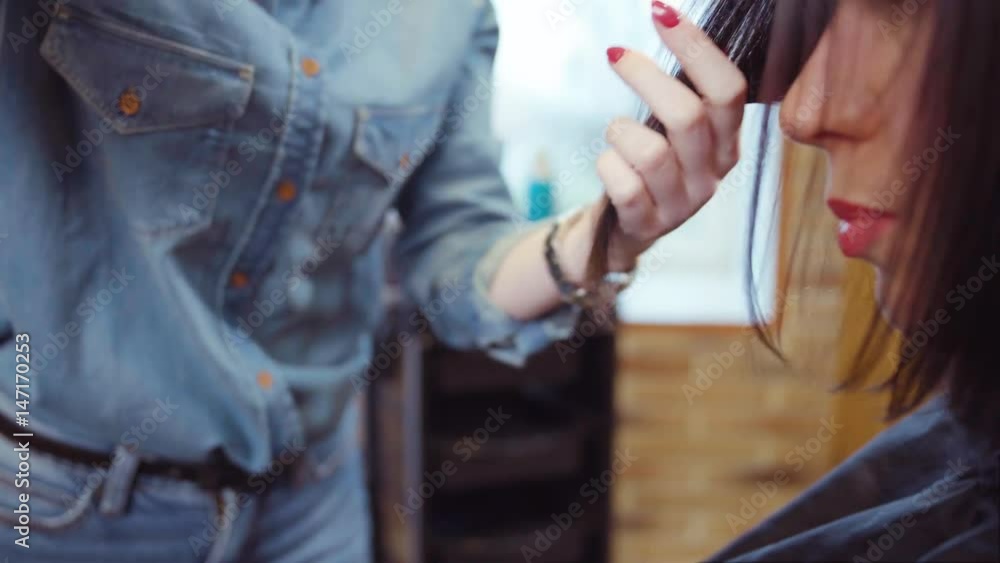 Hairdresser trimming brown hair with scissors Hairdresser trimming brown hair with scissors