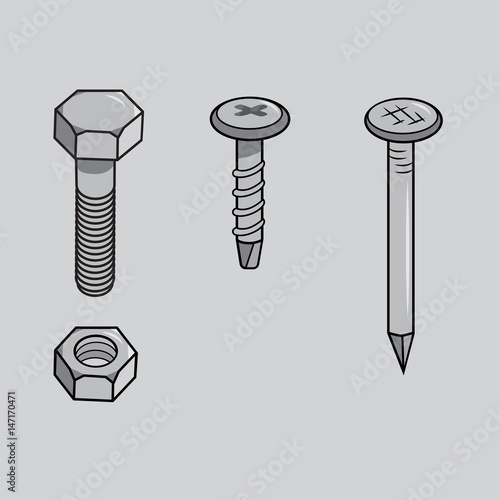 Isolated metal ware on grey background. Vector bolt, nut, screw and nail.