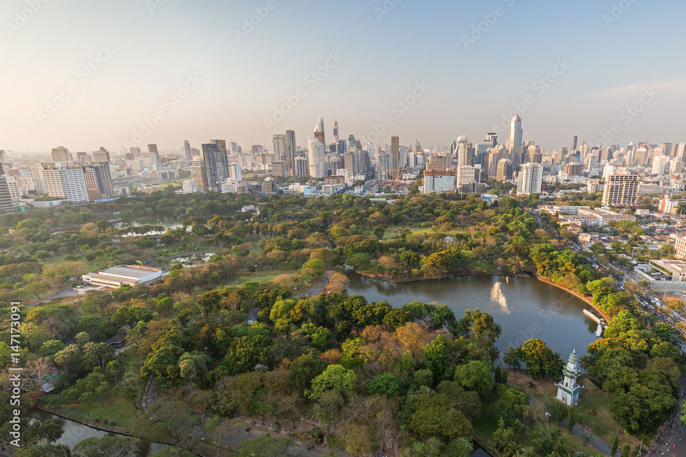 Scenic view of Lumpini (Lumphini) Park and Bangkok city in Thailand from above.