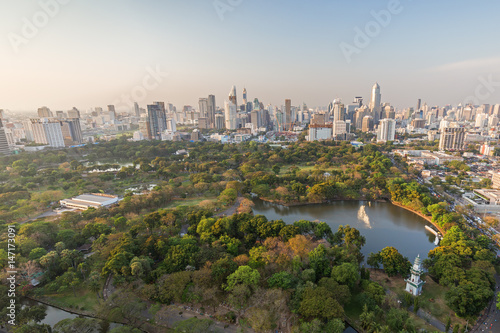 Scenic view of Lumpini (Lumphini) Park and Bangkok city in Thailand from above.