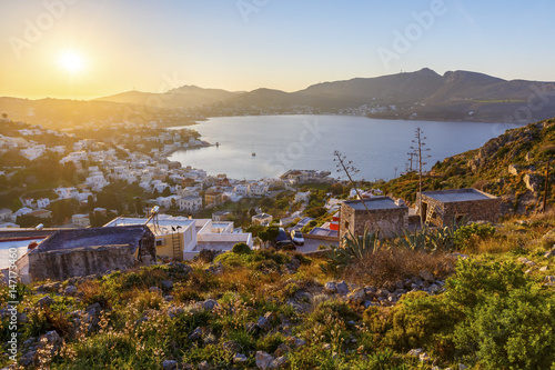 View of Agia Marina village on Leros island in Greece at sunset. 