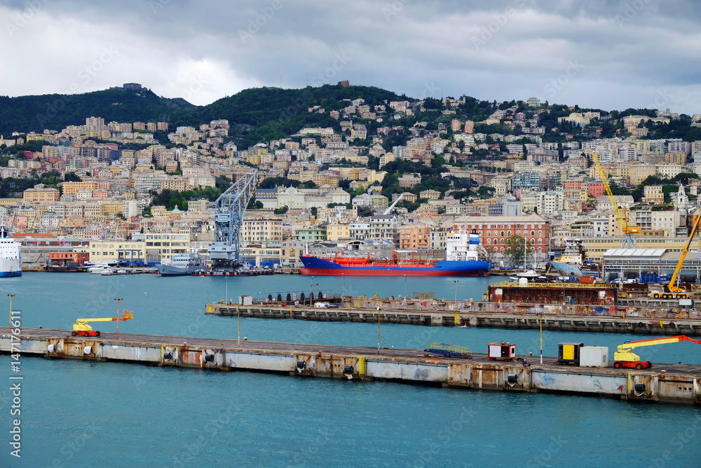 View on the port and the architecture of Genoa, Italy.
