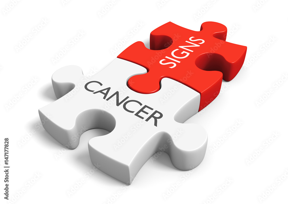 Cancer signs and symptoms concept with two linked puzzle pieces, 3D rendering Cancer signs and symptoms concept with two linked puzzle pieces, 3D rendering