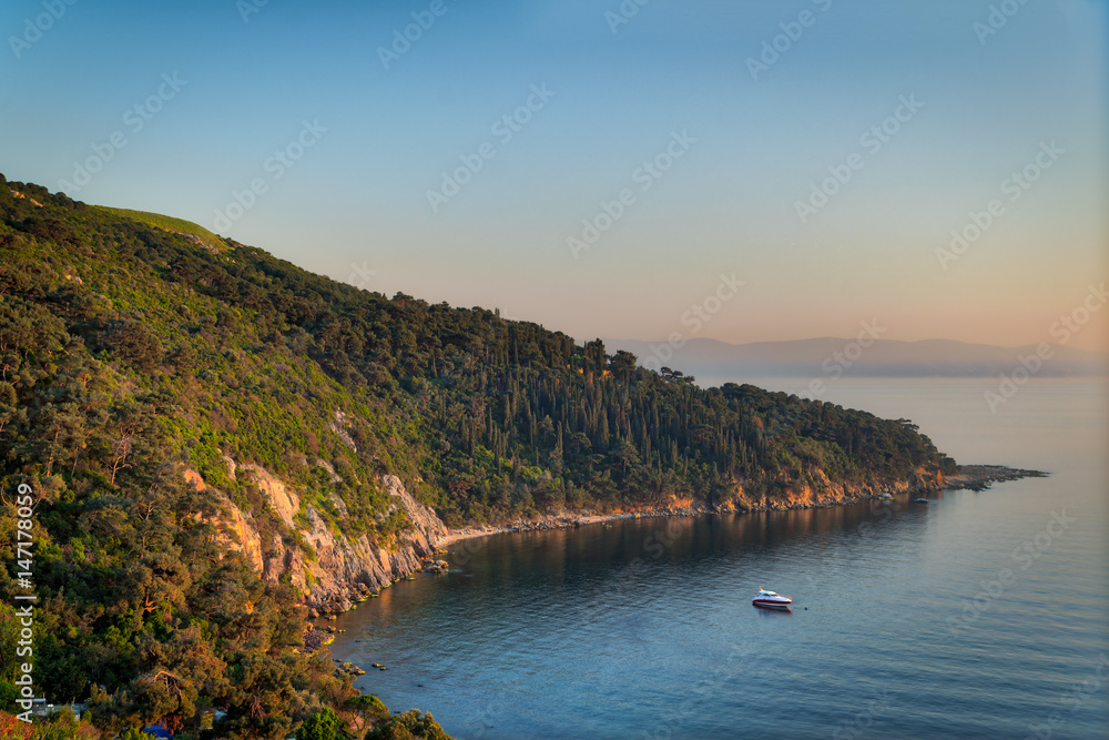 View from the top of mountains of Buyukada island, one of the Princess Islands (Adalar), Marmara Sea, Istanbul, Turkey, with green woods, calm sea, and clear sky at sunset time