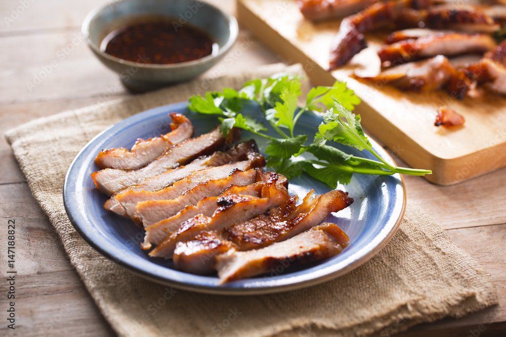 cut grilled pork in plate,thai food