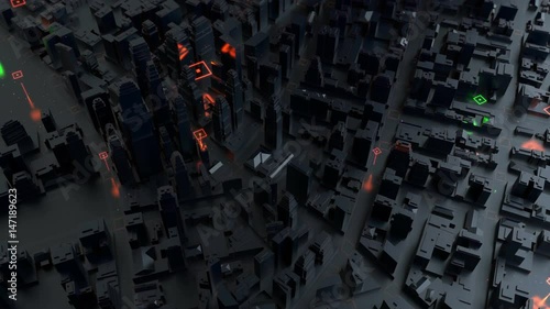 3d rendered digital abstract city. Scanning city for hackers attack concept. City building forms with reflections, shadows and 

random elements. High quality detailed render.
