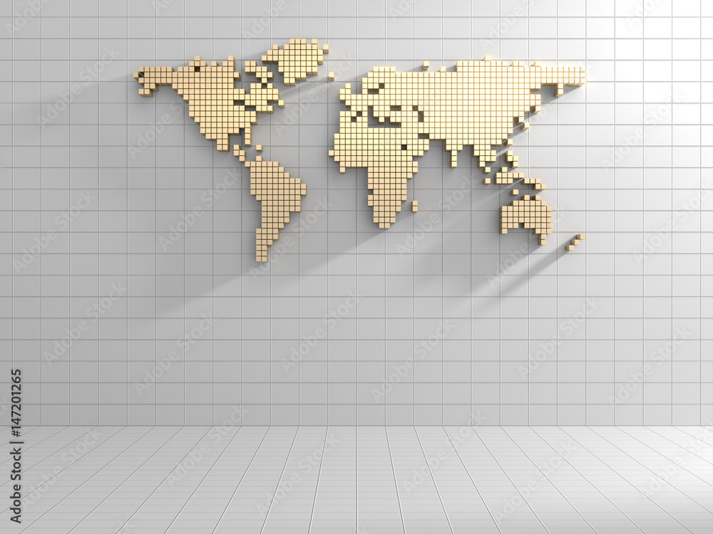 world map made by golden cube box on white wall in empty room.3D ...
