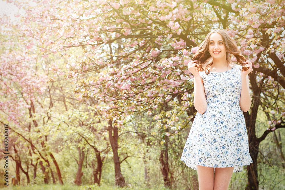 Cute beautiful woman or girl in a dress is standing on a background of blooming sakur with sunlight, model is smiling with a beautiful hairdo Cute beautiful woman or girl in a dress is standing on a background of blooming sakur with sunlight, model is smiling with a beautiful hairdo