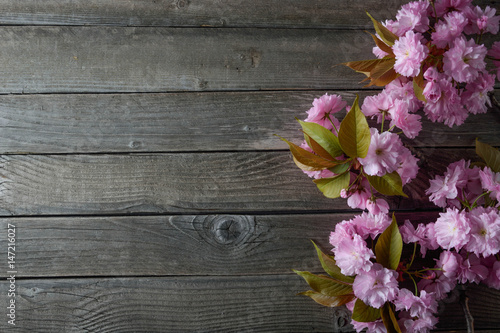 Fototapeta Naklejka Na Ścianę i Meble -  Gray wooden background with pink flowers
