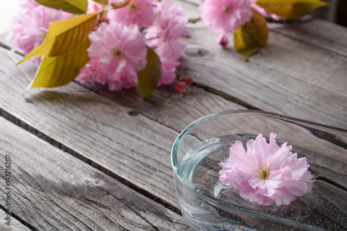 Gray wooden background with pink flowers