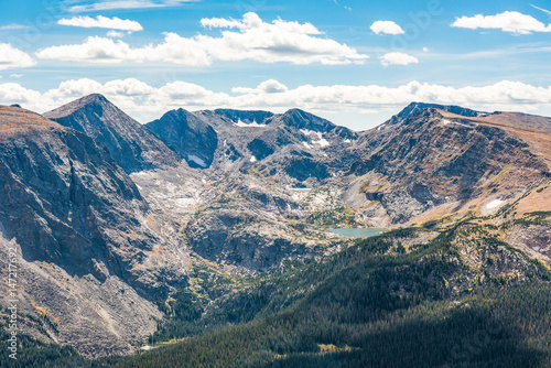 Rocky Mountains in Colorado with lakes, snow and meadows