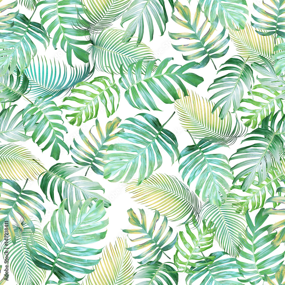 Tropical leaves seamless pattern of Monstera philodendron and palm leaves in light green-yellow color tone, tropical background. - obrazy, fototapety, plakaty 