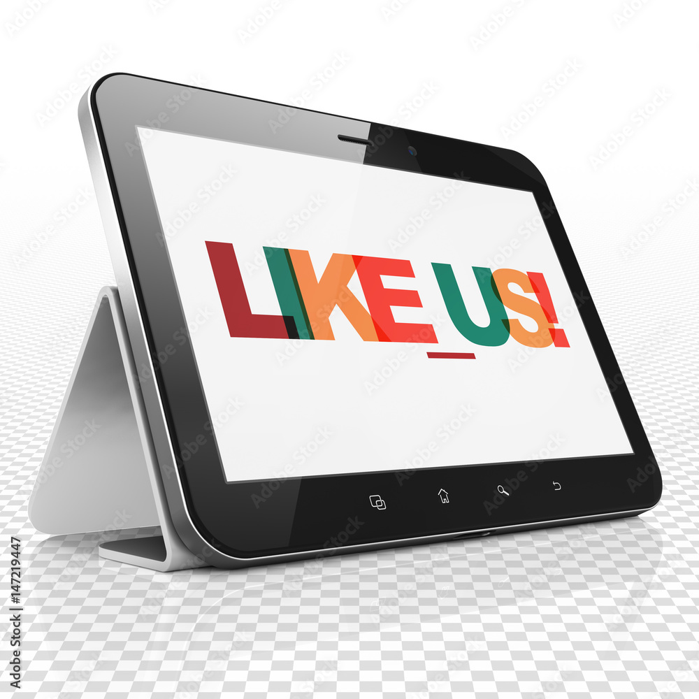 Social media concept: Tablet Computer with Like us! on display Social media concept: Tablet Computer with Like us! on display