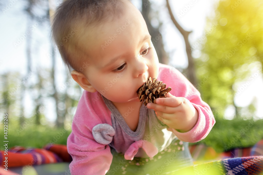 infant baby with tree cone on the grass smile infant baby with tree cone on the grass smile