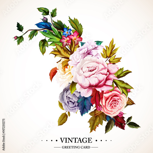 Flowers. Bouquet of roses and peony. Vintage picture, can be used as invitation, greeting card, print on clothes, etc. Hand drawn flowers. Vector - stock