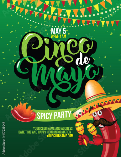 Cinco de Mayo poster design template with lettering, flaming red pepper jalapeno and sombrero - symbols of holiday. AI 10 vector.