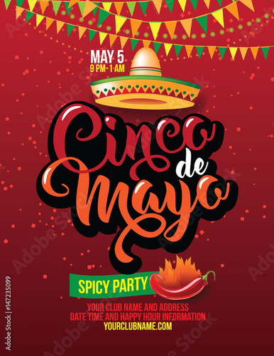 Cinco de Mayo poster design template with lettering, flaming red pepper jalapeno and sombrero - symbols of holiday. AI 10 vector.