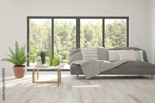 White room with sofa and green landscape in window. Scandinavian interior design. 3D illustration