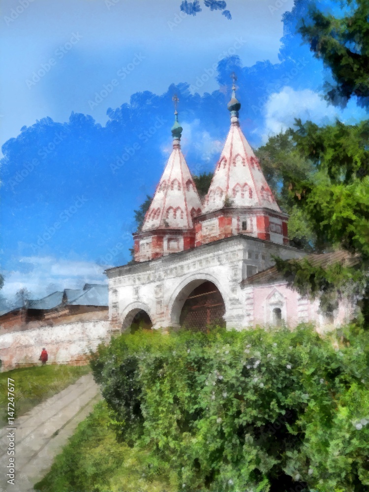 Old church on the hill, watercolor