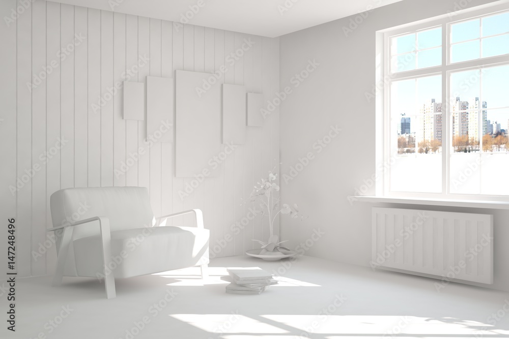 White room with armchair and urban landscape in window. Scandinavian interior design. 3D illustration White room with armchair and urban landscape in window. Scandinavian interior design. 3D illustration