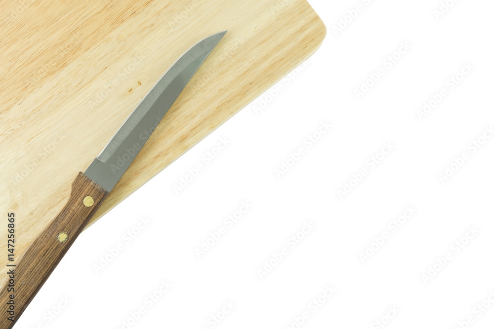 Chopping board and spoon, fork isolated on white background., This has clipping path. 