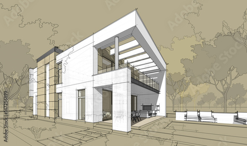 3d rendering sketch of modern cozy house.