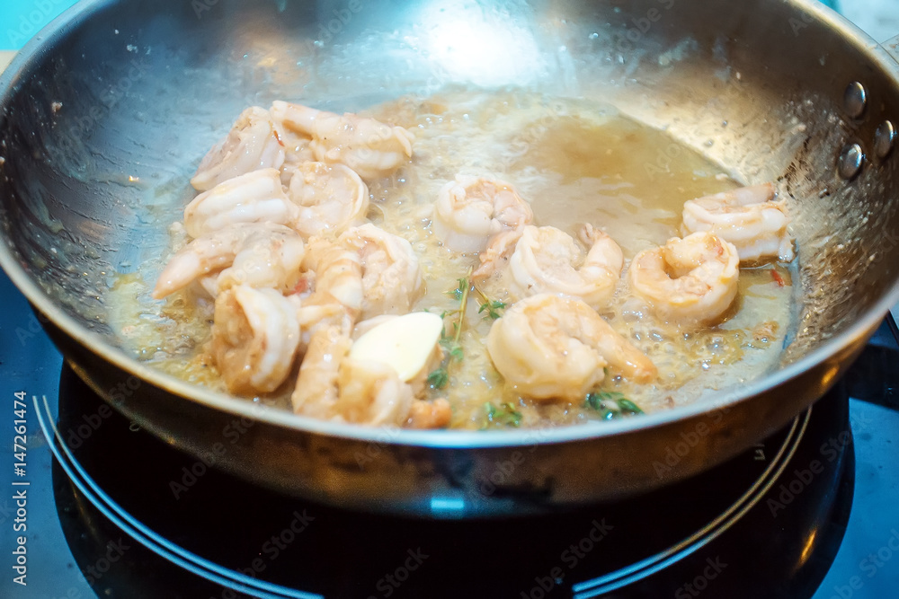 Fried shrimps in the pan for restaurant Fried shrimps in the pan for restaurant