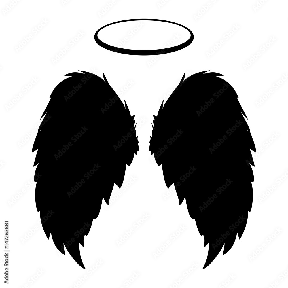 Silhouette of black angel wings and halo on a white background. Vector