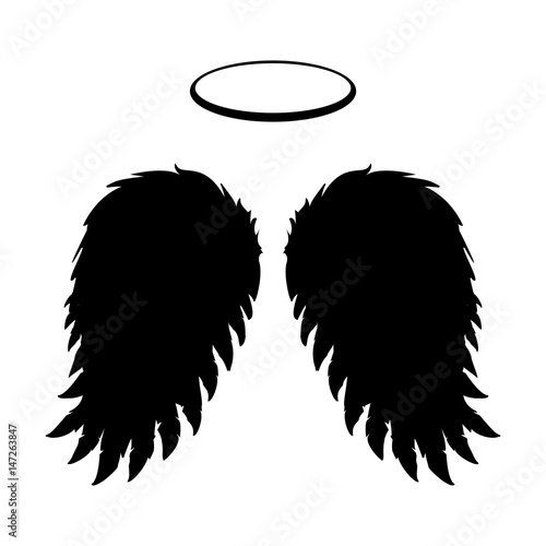 Silhouette of black angel wings and halo on a white background. Vector feathers silhouette design element.