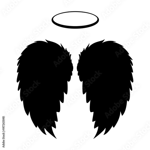 Silhouette of black angel wings and halo on a white background. Vector feathers silhouette design element.