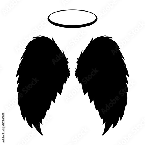Silhouette of black angel wings and halo on a white background. Vector feathers silhouette design element.