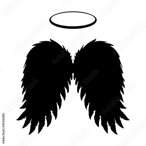Silhouette of black angel wings and halo on a white background. Vector feathers silhouette design element.