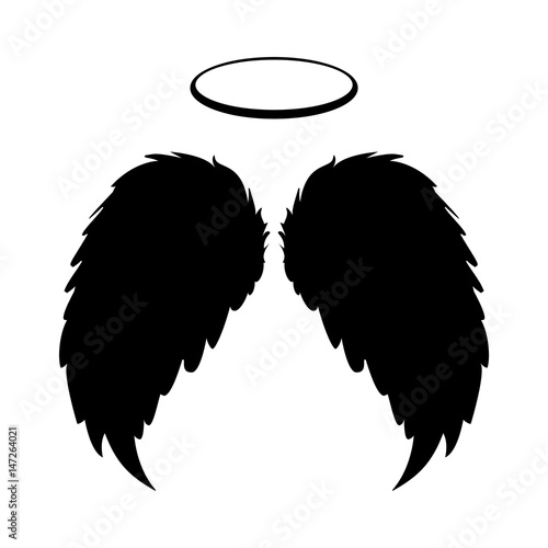 Silhouette of black angel wings and halo on a white background. Vector feathers silhouette design element.