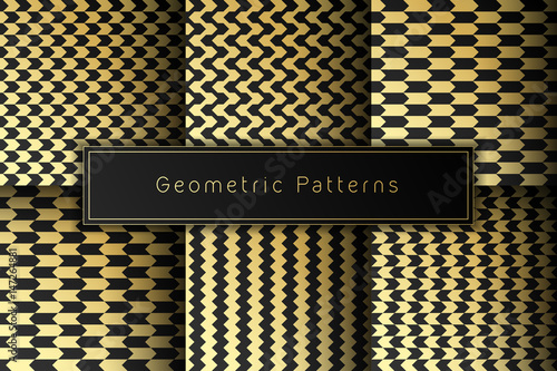 vector set of six seamless minimalist geometric patterns, simple shapes and two colors, gold and black