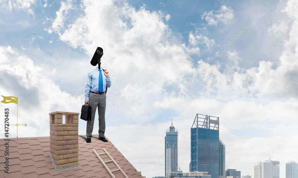 Concept of home security and privacy protection with camera headed man Concept of home security and privacy protection with camera headed man