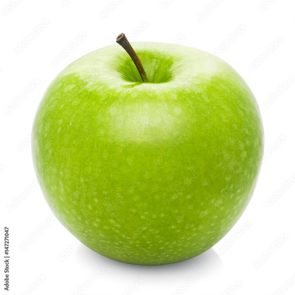 Green juicy shiny apple on white background, isolated, high quality photo with clipping path Green juicy shiny apple on white background, isolated, high quality photo with clipping path