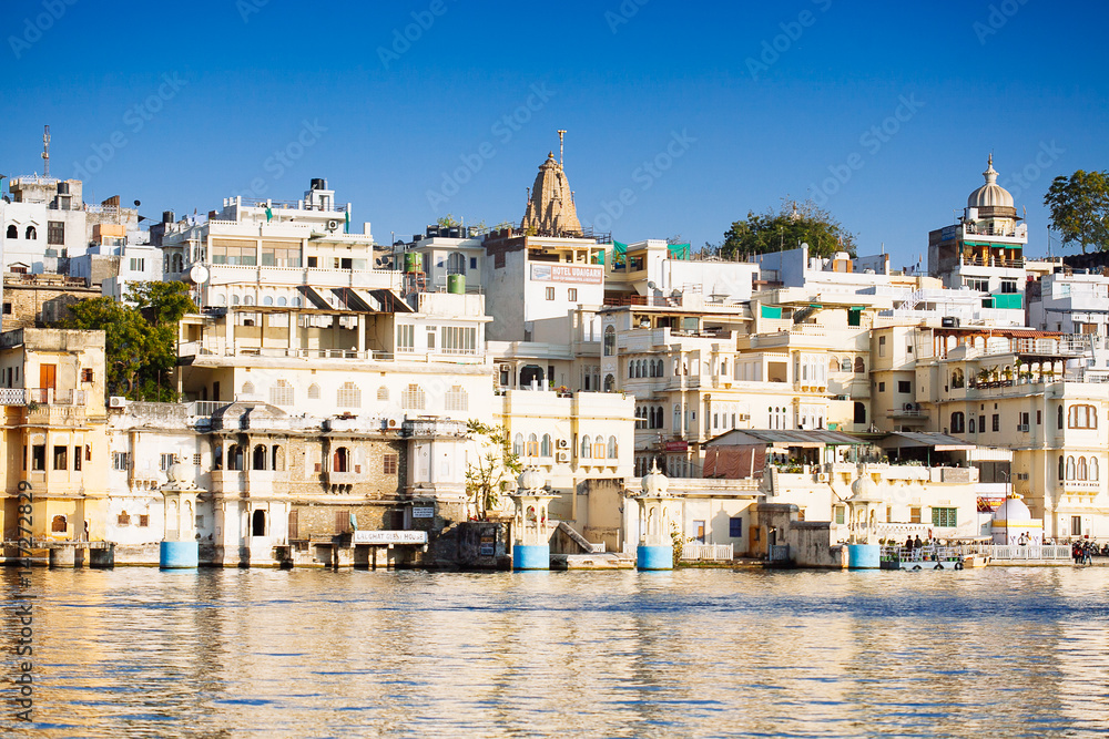 Indian architecture in Udaipur Rajasthan. Panoramic view of Pichola lake, India