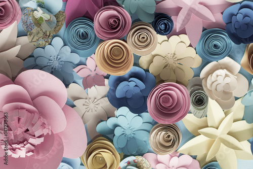 Obraz Kwiecisty modny abstrakcjonistyczny tło z 3d papierowymi kwiatami