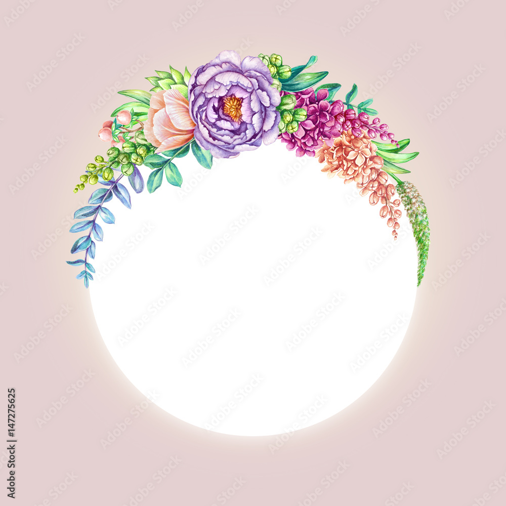 watercolor illustration, floral pink background, gorgeous wild flowers,  round shape frame, invitation, blank card template Stock Illustration |  Adobe Stock