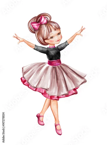 Obraz akwarela ilustracja, urocza mała baletnica, młoda dziewczyna ubrana w spódniczkę tutu, tańczące dziecko, lalka, obrazek na białym tle