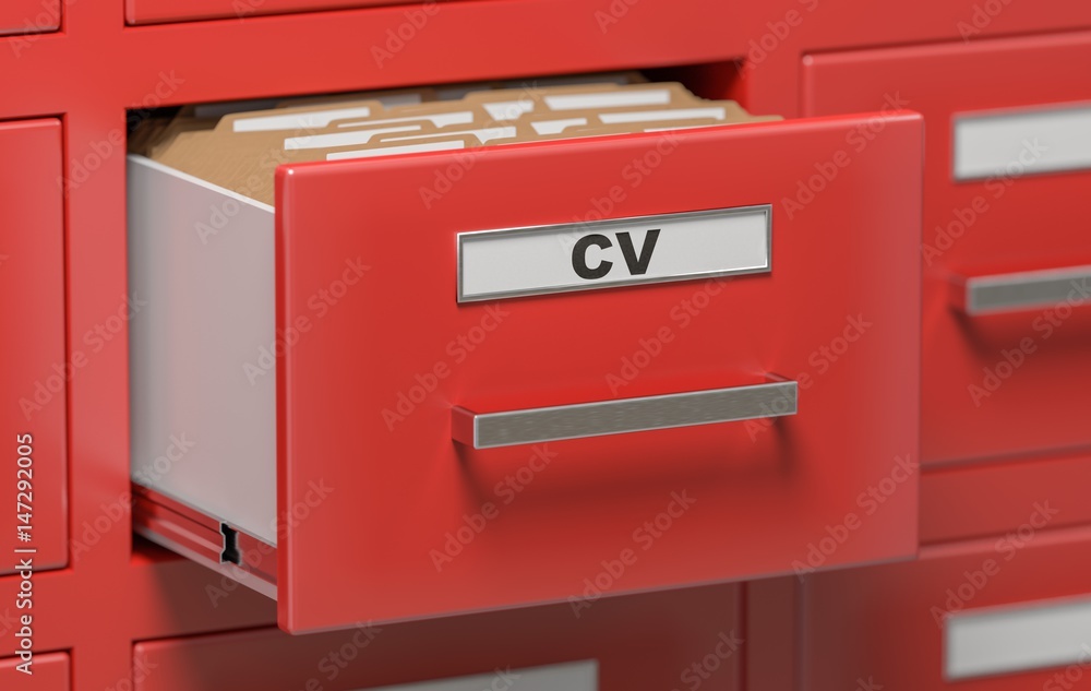 Cabinet full of CV (curriculum vitae) documents and files. 3D rendered illustration. Cabinet full of CV (curriculum vitae) documents and files. 3D rendered illustration.