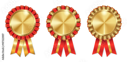 set of three golden and red vector medals, badges or awards