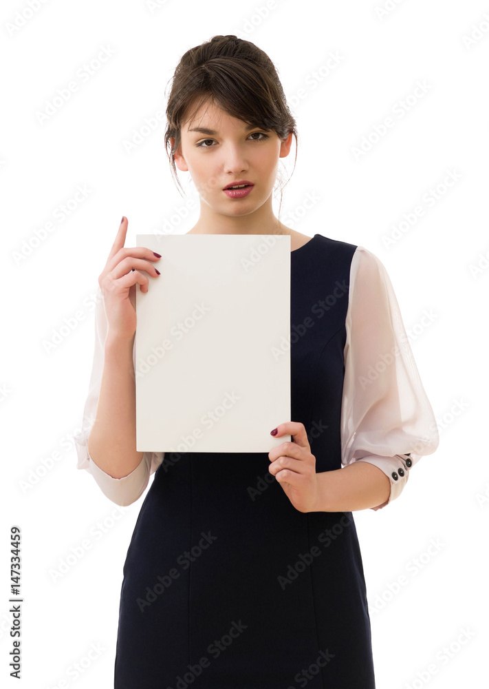 Portrait of young pretty business woman in white and blue suit shows piece of paper isolated on white background. Portrait of young pretty business woman in white and blue suit shows piece of paper isolated on white background.
