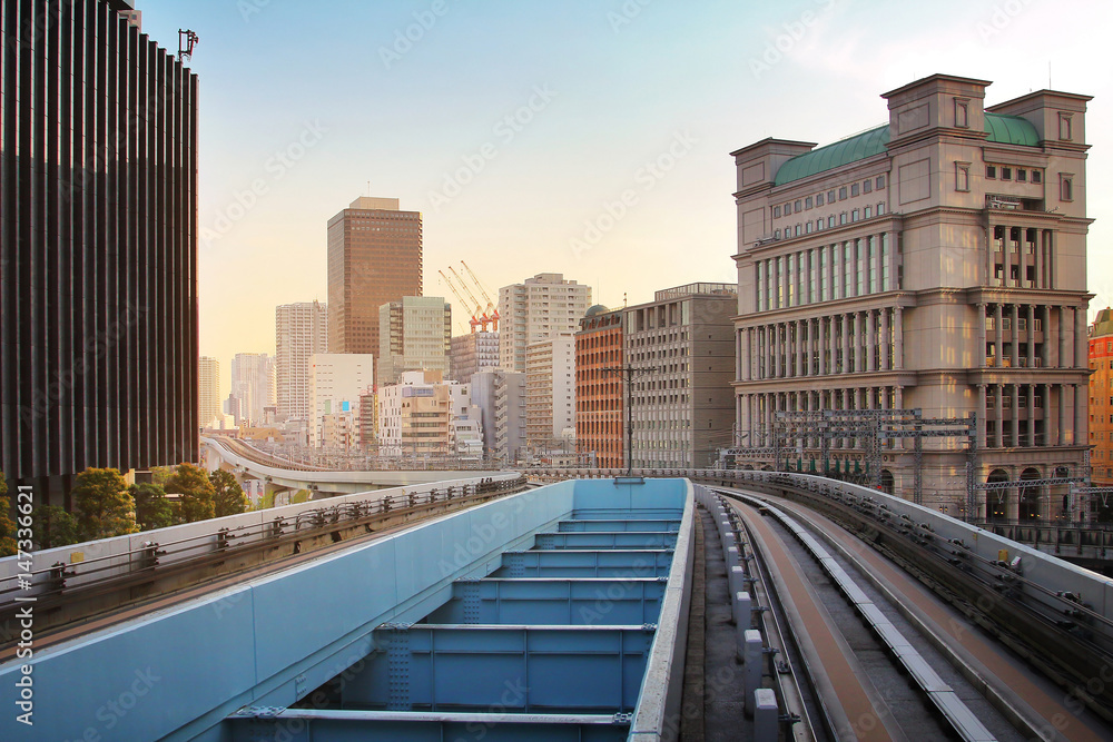 Fototapeta premium Cityscape from monorail sky train in Tokyo.Transportation and technology concept