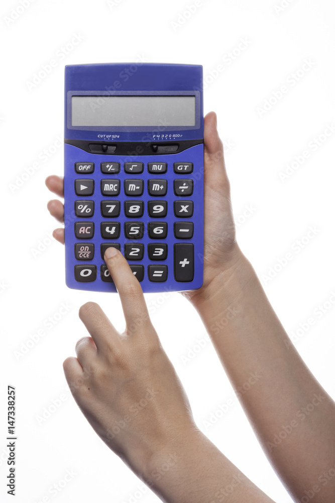 woman hand hold a calculator isolated white. woman hand hold a calculator isolated white.